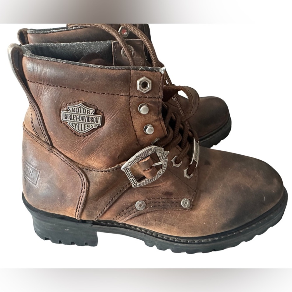 Harley-Davidson Brown Leather Lace-Up Moto Boots with Buckle